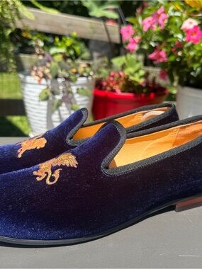 Men's Navy Velvet Embroidered Slip-On Loafers